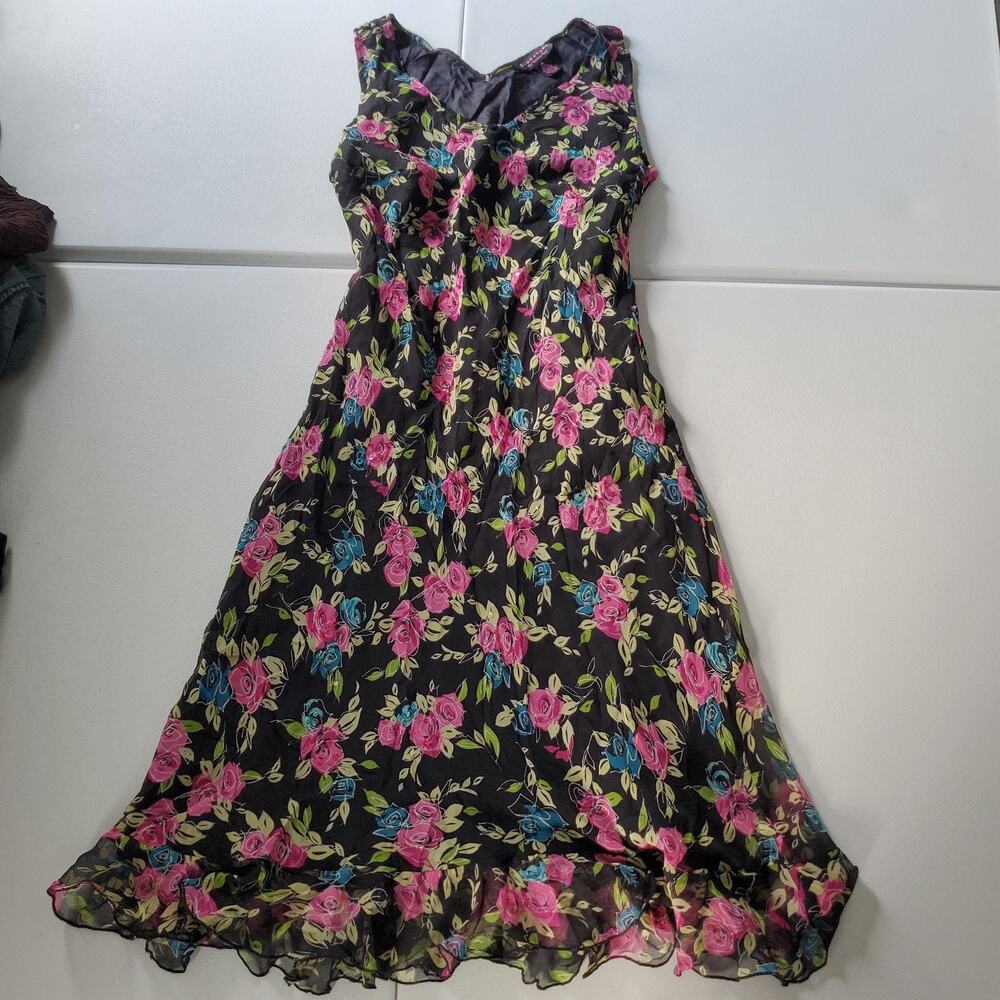 Y2K Whimsigoth Fairy Grunge Dress Womens 14 Black Floral Silk Sleeveless V-Neck